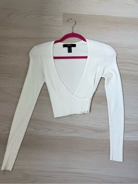 Forever 21 Ivory Ribbed Wrap Long-Sleeve Crop Top